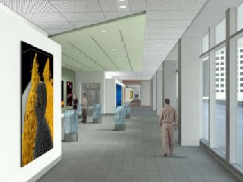 Large scale artwork displayed on the walls of the the Koch Institute Gallery.