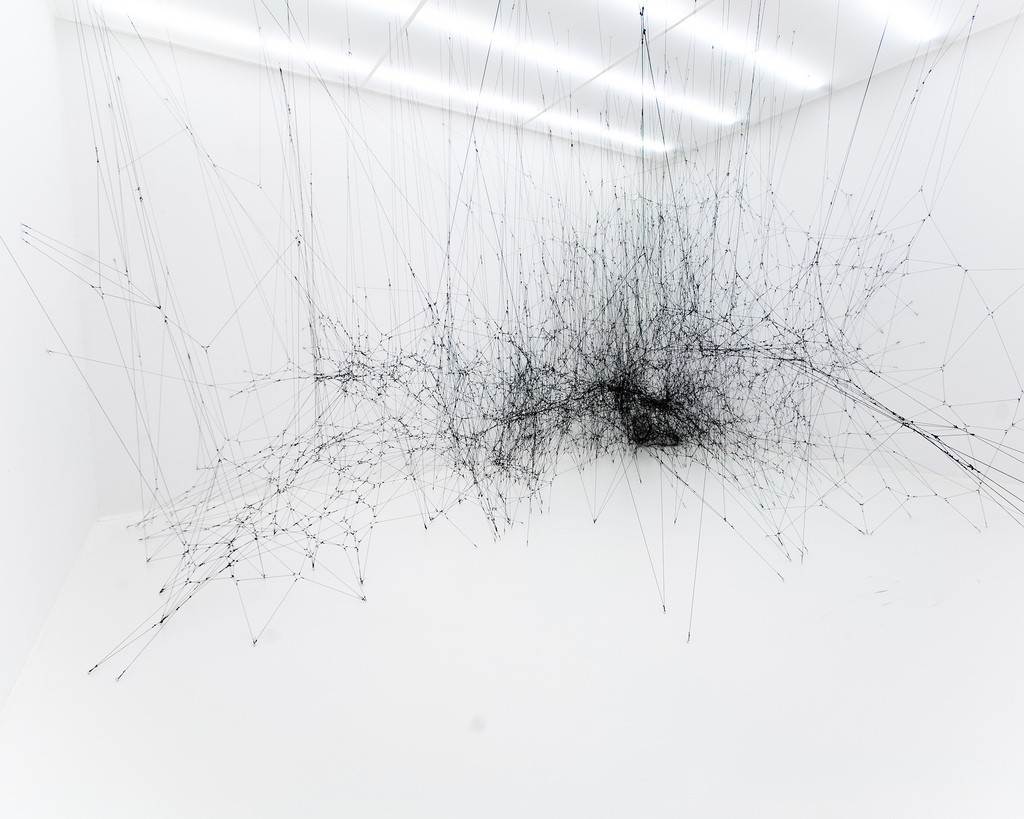 A complex irregular network of many black fibers in a white gallery space.