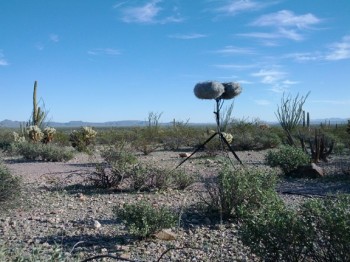 Large microphones on a tripod in a desert.