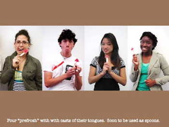 MIT pre-frosh pose with spoons made from molds of their tongues, part of Hope GInsburg