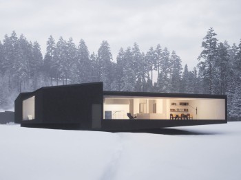 Modernistic house with large windows in a snowy landscape.
