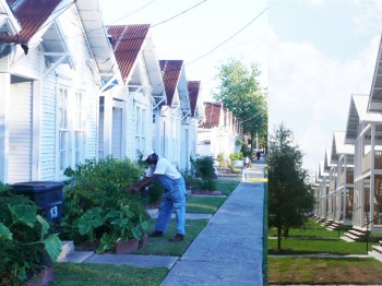 Juxtaposed photos of row houses - the houses in the photo on the left are dilapidated, whereas the houses in the photo on the right appear new.