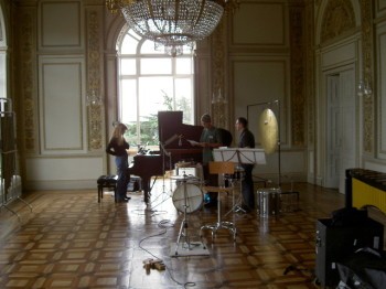 Musicians perform in a large ornate room.