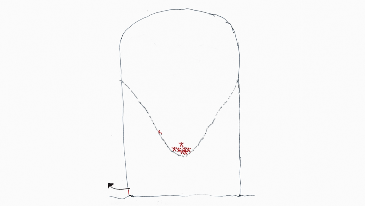 A sketch with black line shapes and small red stick figures.