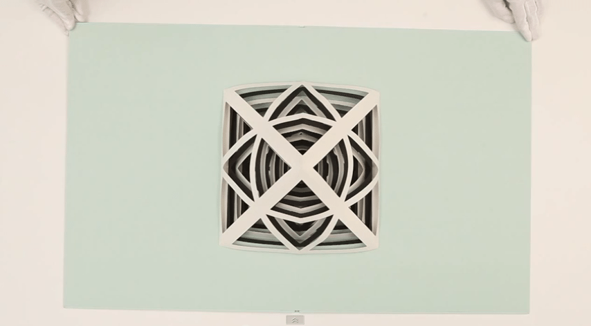 A black and white flower-like geometric pattern on a light mint green background