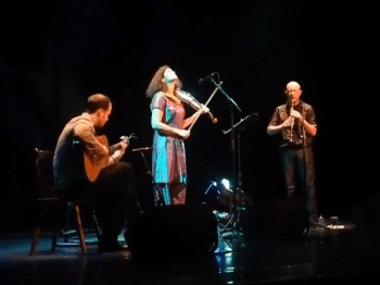 A guitarist, violinist, and clarinetist perform on stage