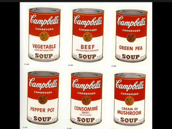 Drawings of six cans of different types of Campbell's soup