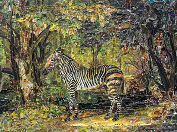 Collage image of a zebra in a forest made of many small pictures
