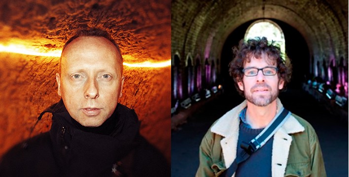 Photo of a man in front of an illuminated stone wall, next to a photo of a man in a brick tunnel
