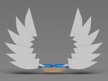 Sculpture with a blue and tan base and white wing-like structures.
