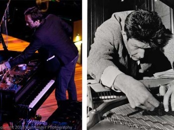 Two photographs of men altering the strings on a piano.