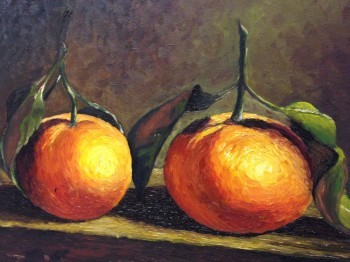 Still life oil painting of two oranges with stems and leaves.