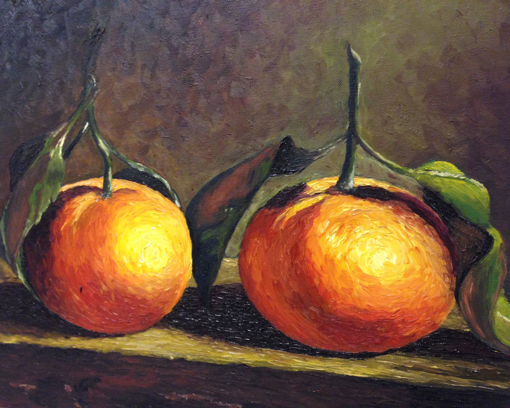 Still life oil painting of two oranges with stems and leaves. 