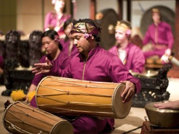 A musician wearing a magenta outfit plays a long drum. Other musicians play instruments in the background.