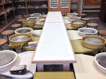 Potters wheels in a ceramics studio.