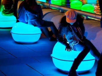 People sit on orbs glowing with blue light.