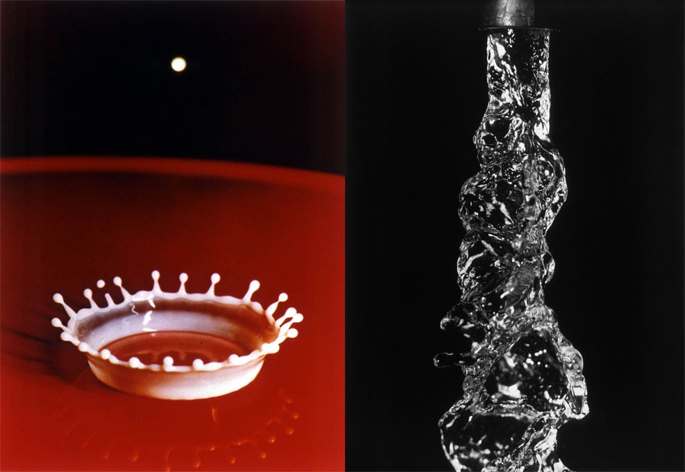 Milk Drop Coronet, 1957 (left) and Water from a faucet, (right). Photo Credit: Harold Edgerton/Courtesy MIT Museum.