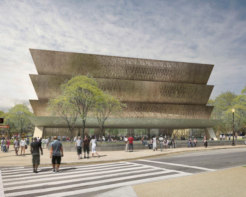 Rendering of the Smithsonian National Museum of African American History and Culture, Washington D.C. Courtesy of Adjaye and Associates.