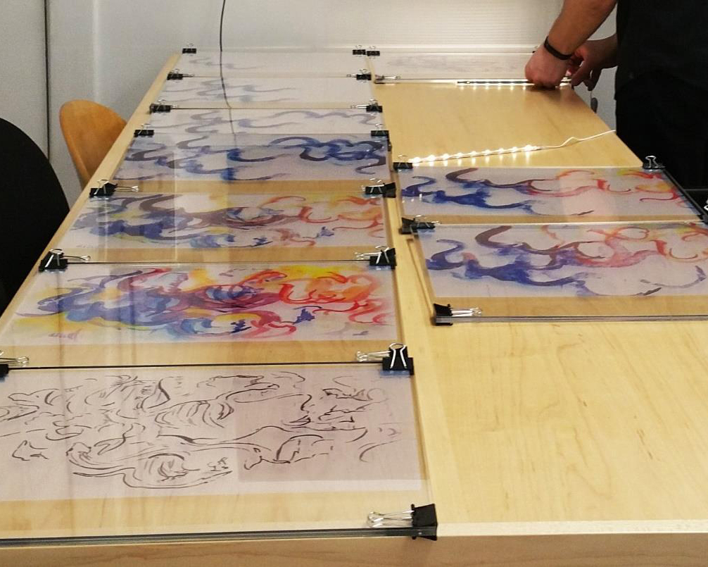 Images are printed on special inkjet transparency films and then framed using cut-to-size plexiglass sheets. Model of a Drawing Process: Watercolor-Calculating. Credit: Onur Yüce Gün.