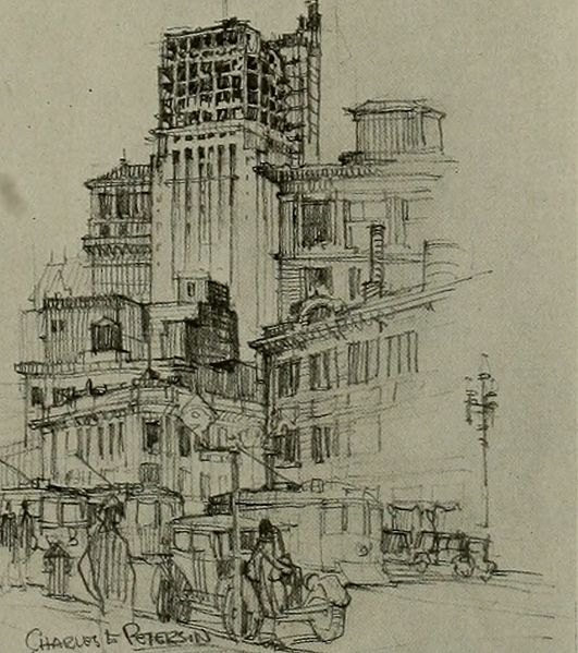 Pen and ink drawing of a series of buildings done by Charles E. Peterson, courtesy public domain.