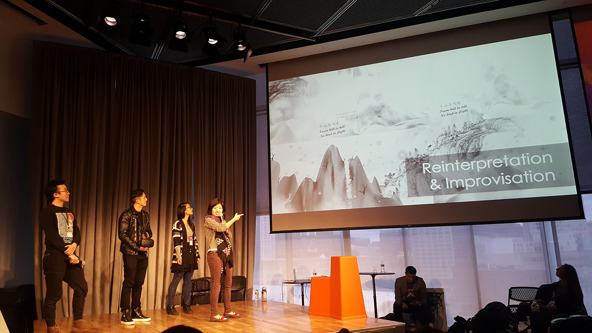 The Hacker's Choice winner award went to Inkfinity for creating a VR poetic journey inside ink paintings. Lei Xia, Daisy Zhuo, Yaqin Huang, Sharon Yan. Photo: Umar Arshad.