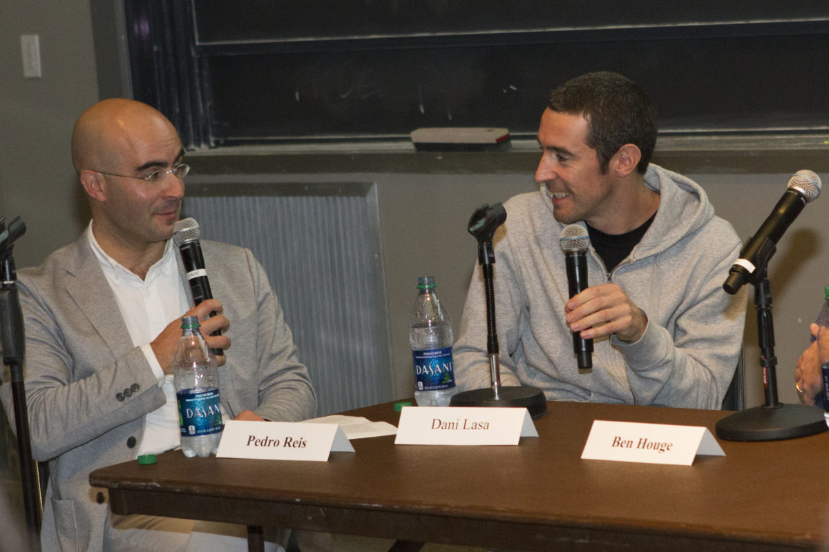 Pedro Reis (left) and Dani Lasa. Mugaritz screening of 'Off-Road' and panel discussion, MIT. Credit: Allison Dougherty.