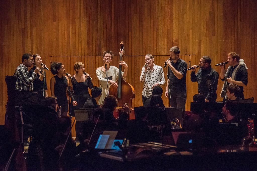 Jacob Collier performs with the chorus. "Imagination Off the Charts," MIT, 2016. Photo: L. Barry Hetherington.