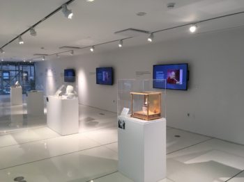 Installation view of the Jerome B. Wiesner: Visionary, Statesman, Humanist Exhibition in the lobby of the MIT Media Lab.
