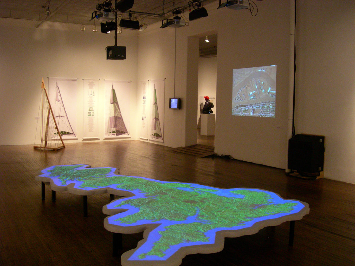 A gallery with an illuminated sculpture of Great Britain.