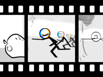 A panel of five black-and-white images from an animation depicting a tree, a stick figure, and an apple.