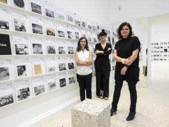 Ashley Schafer (L) Eva Franch i Gilabert (C) and Ana Miljacki (R) pose in front of the OfficeUs exhibition during the press preview of the 2014 Venice Biennale Architecture on June 4, 2014 in Venice, Italy. Credit: Marco Secchi.