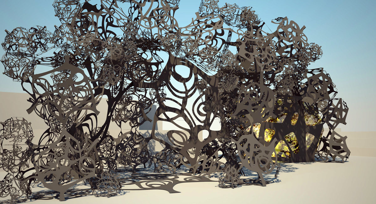 A large metal sculpture with interwoven spirals.