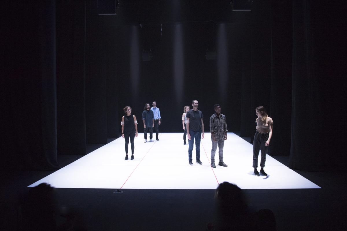 NERVOUS/SYSTEM by Andrew Schneider and Company: (left to right) Ashley Marie Ortiz, Antonio Irizarry, Peter Musante, Lindsay Head, Jamie Roach, T.L. Thompson and Kedian Keohan. Photo by Sham Sthankiya.