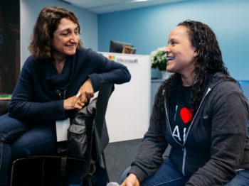 Image: Noelle LaCharite of Microsoft (left) and Lara Baladi, lecturer in the MIT Program in Art, Culture and Technology. Credit Sean Hanratty/We Are Listen.