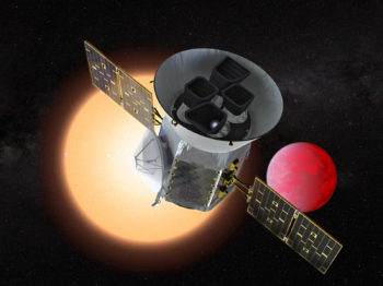 Illustration of a satellite in front of a sun and a red planet.