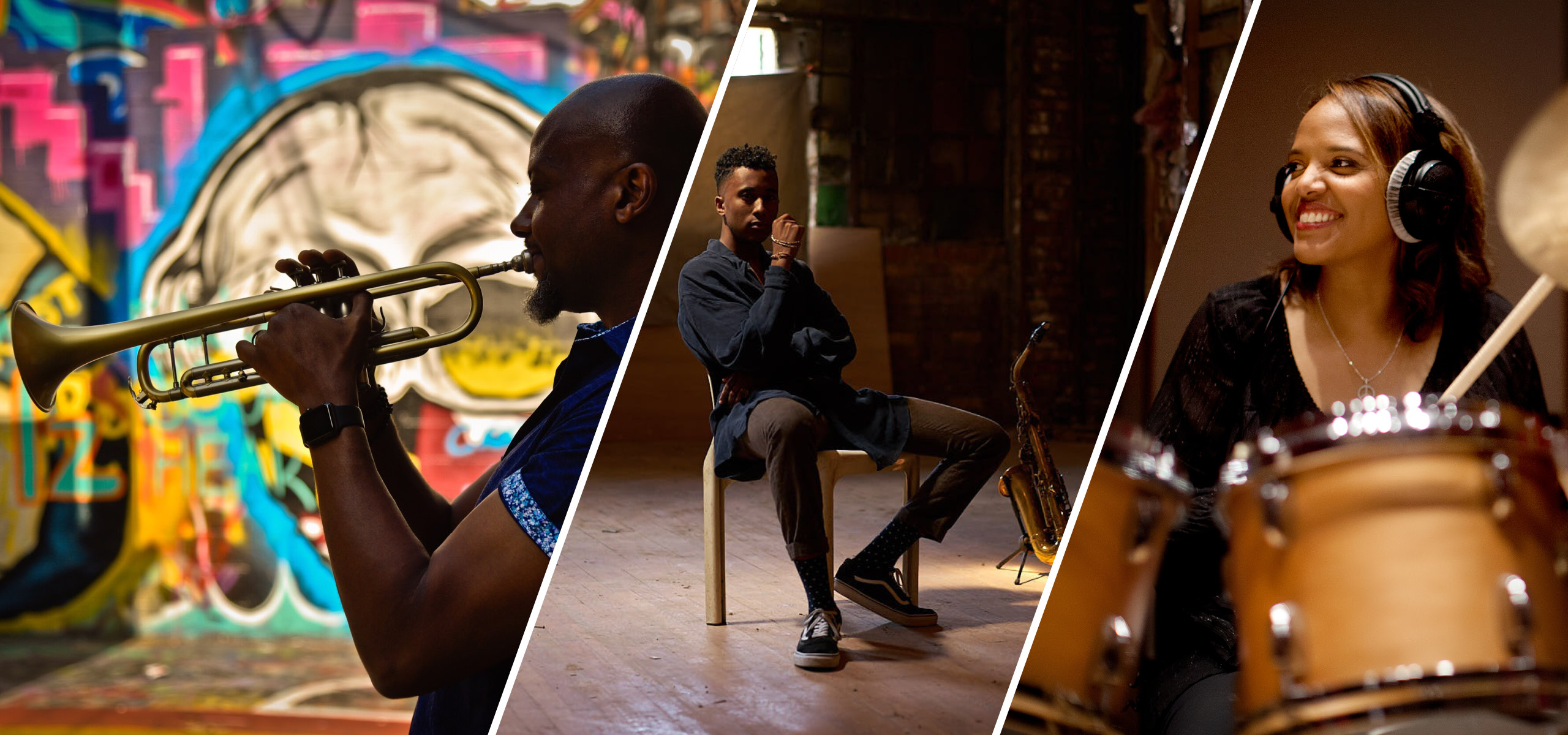 Three images combined into a collage featuring Sean Jones on trumpet, Braxton Cook with a saxiphone, and Terri Lyne Carrington on drums.