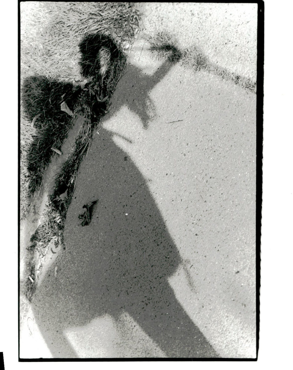 The shadow of a figure is cast across pavement and onto grass.