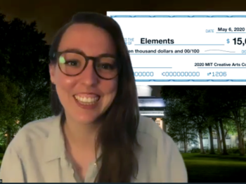 Screenshot of Maria Esteban Casanas on Zoom with $15,000 check as background image.