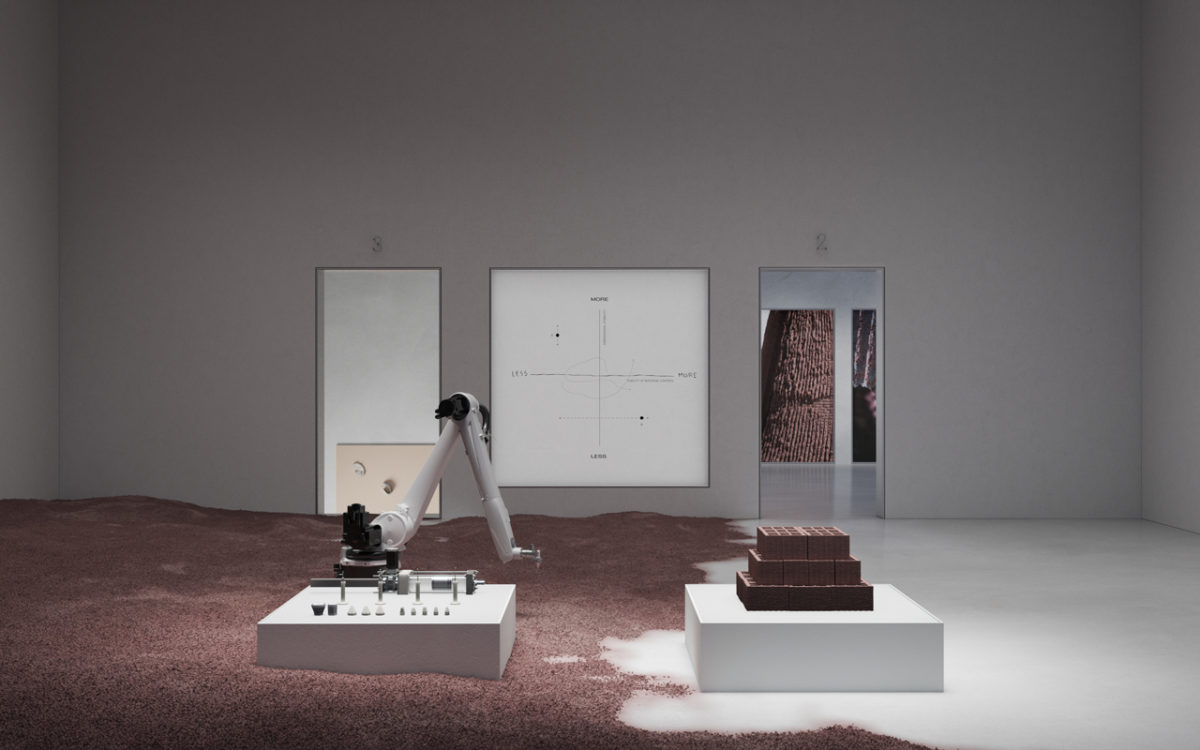 A gallery room with two low pedistals , one with a robotic arm and the other with ceramic bricks.