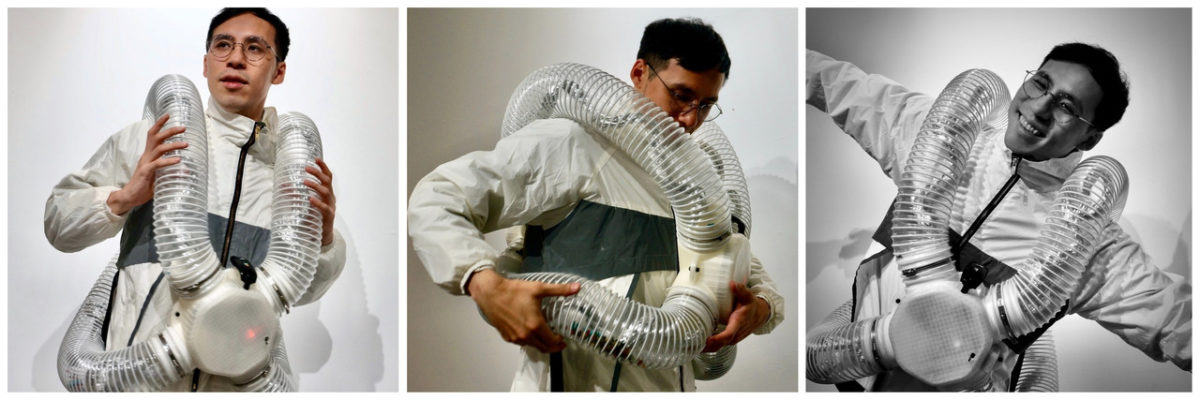 Triptych view of wearable musical device composed of plastic pipe and electronics.