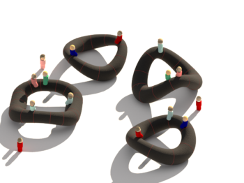 Digital illustration of small human forms sitting on four black inflated oval tubes.