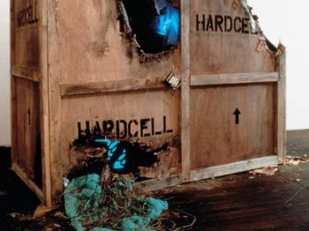 Cords and equipment pour out of a broken wooden crate labeled "Hardcell"