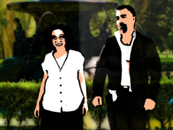 Two individuals are drawn in black and white walk toward the camera with a green garden behind them.