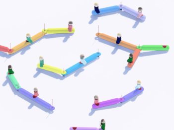 Digital illustration of small human forms sitting on connected and colorful tubes.