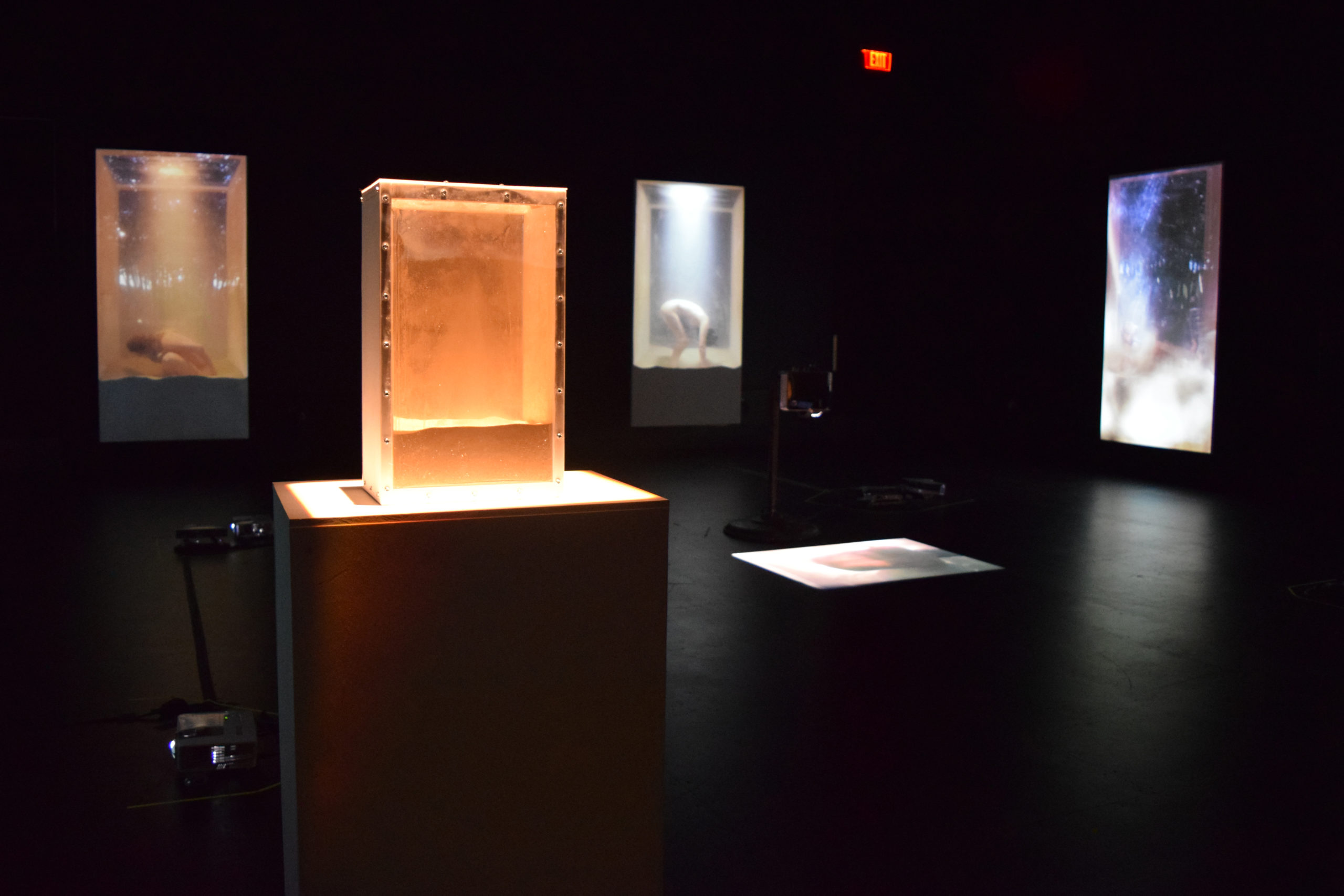 Five boxes displaying Coorespondences are lit within a dark gallery space.