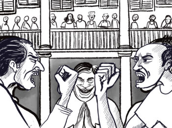 Black and white illustration of two people having a fist fight while others watch.