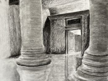 Charcoal Drawing of the interior of MIT Lobby 7. Credit: Mingrou Xie.