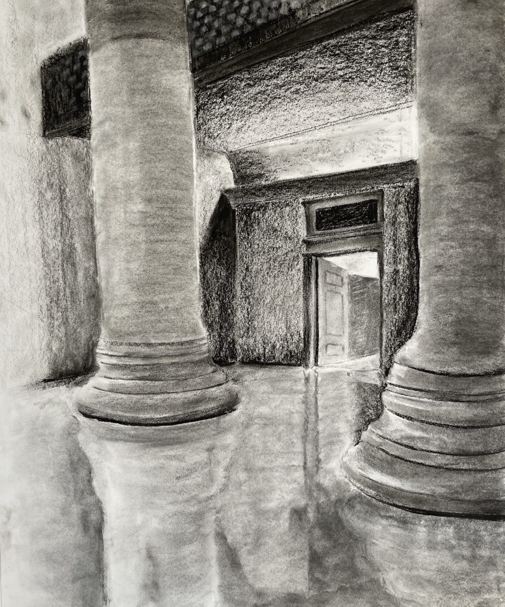 Charcoal Drawing of the interior of MIT Lobby 7. Credit: Mingrou Xie.