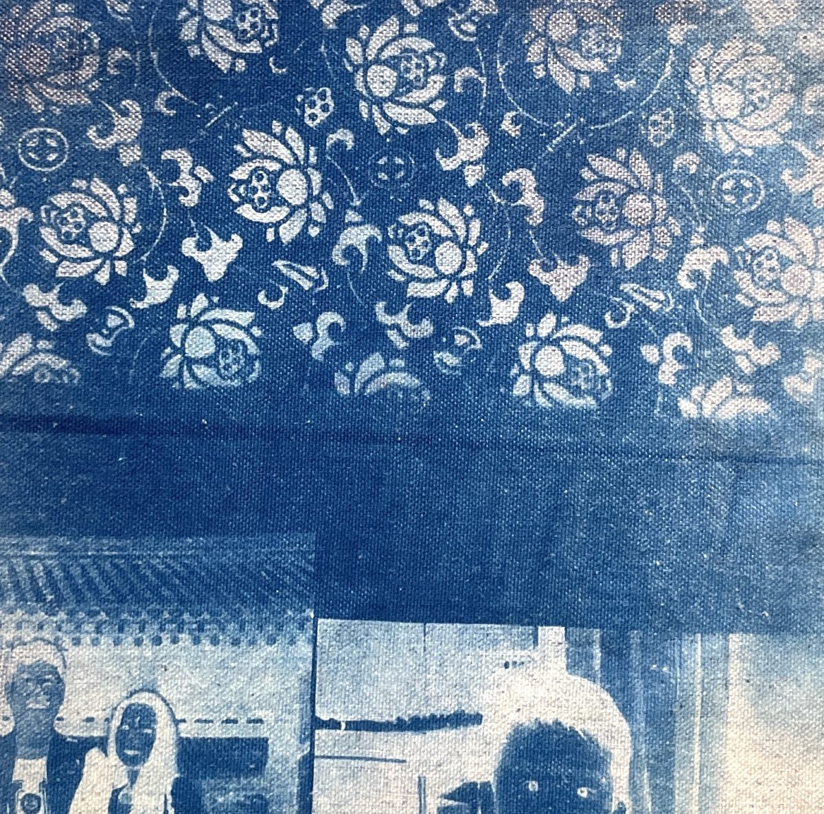 Blue and white collage including a floral pattern and three figures.