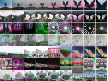 A nine by nine grid of digitally-altered photographs of monuments.